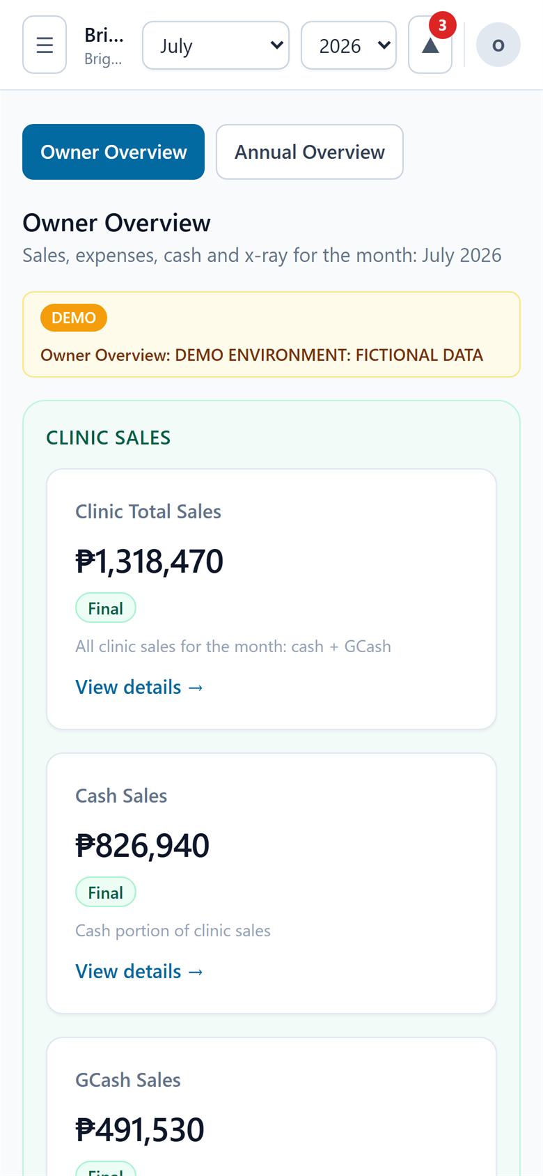 BrightSmile Owner Portal overview at a 390-pixel mobile viewport with the fictional demo disclosure visible.