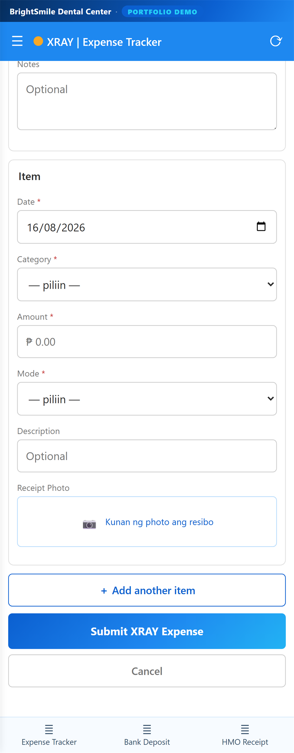 Expense Tracker screen on a phone. Fields for Date, Category, Amount, Mode of Payment and Item Details, a receipt photo capture area, an Add another item button, and a Submit Expense button.