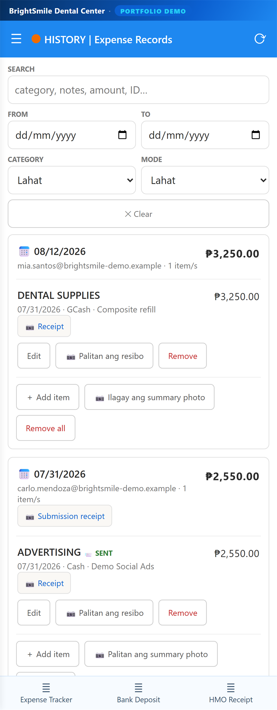 Expense Records screen. A record card dated 08/12/2026 by mia.santos@brightsmile-demo.example for 1 item totalling ₱3,250.00, containing a DENTAL SUPPLIES line item dated 07/31/2026, paid by GCash, noted Composite refill, ₱3,250.00, with Receipt, Edit, replace-receipt and Remove actions.