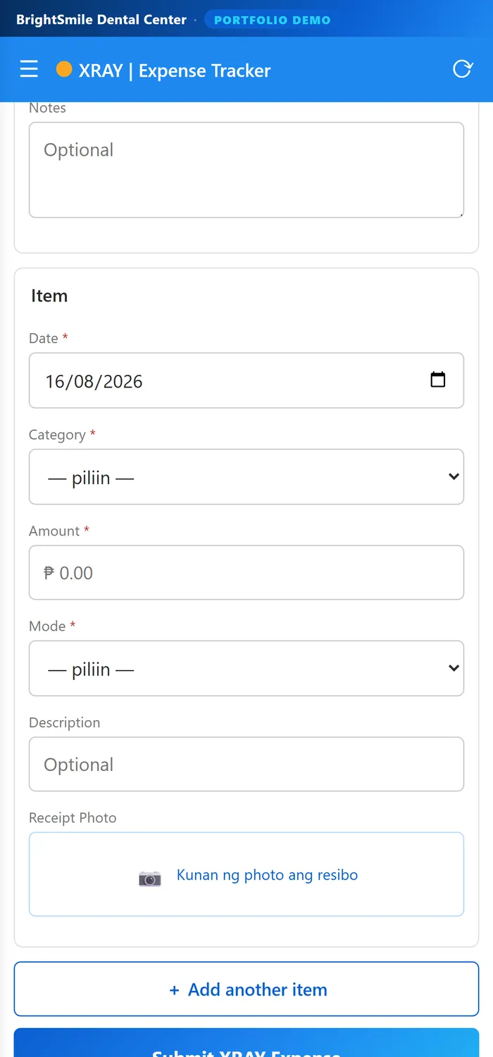 Expense entry, sanitized demo with synthetic data
